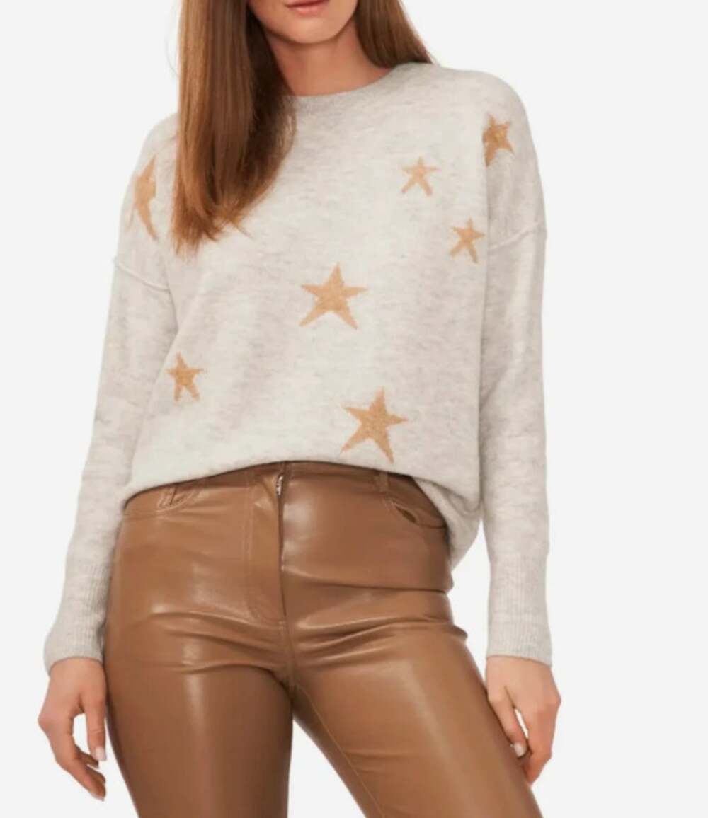 Vince Camuto Women's Cozy Crewneck Star-Print Dropped-Shoulder Sweater XL